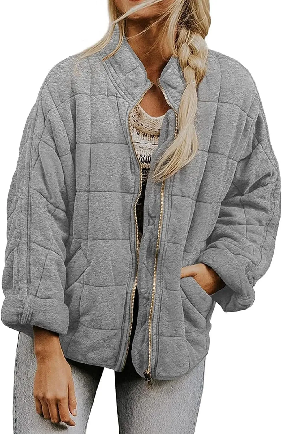 Quilted Jackets for Women Lightweight Dolman Sleeve Down Coats Zipper Padded Bomber Jackets Outwear with Pocket