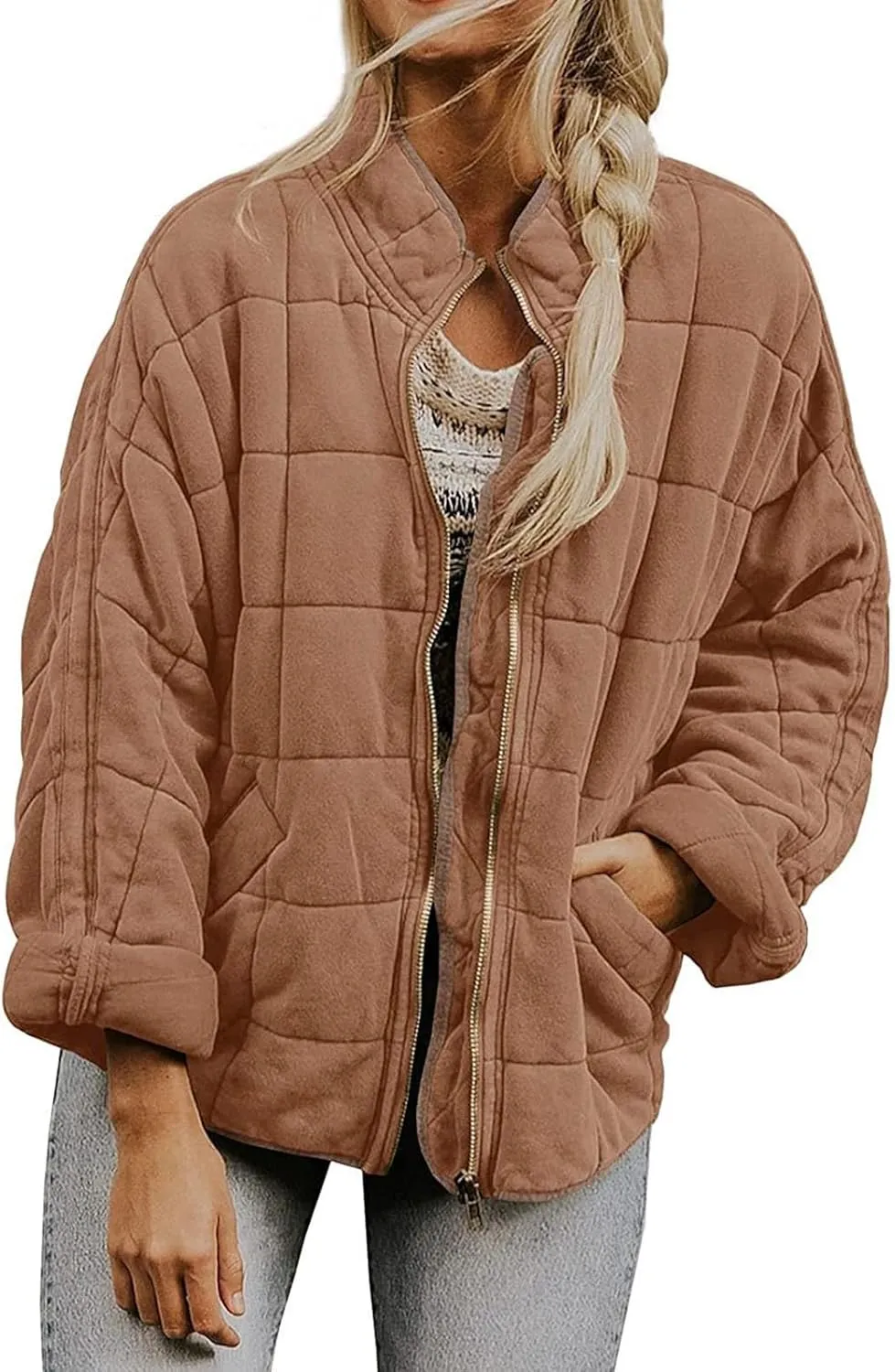 Quilted Jackets for Women Lightweight Dolman Sleeve Down Coats Zipper Padded Bomber Jackets Outwear with Pocket