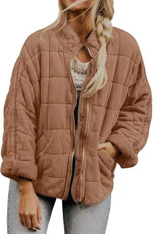 Quilted Jackets for Women Lightweight Dolman Sleeve Down Coats Zipper Padded Bomber Jackets Outwear with Pocket