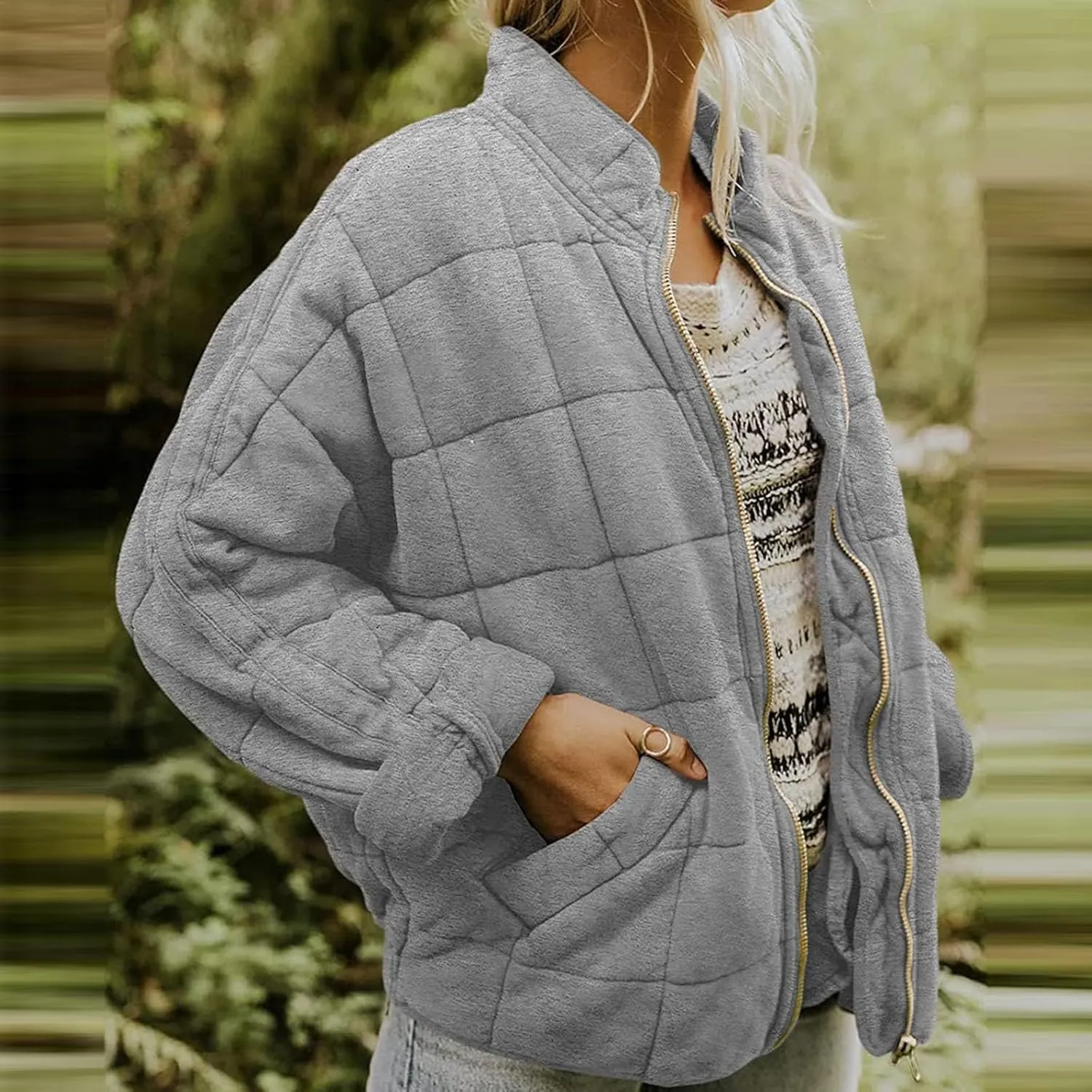 Quilted Jackets for Women Lightweight Dolman Sleeve Down Coats Zipper Padded Bomber Jackets Outwear with Pocket