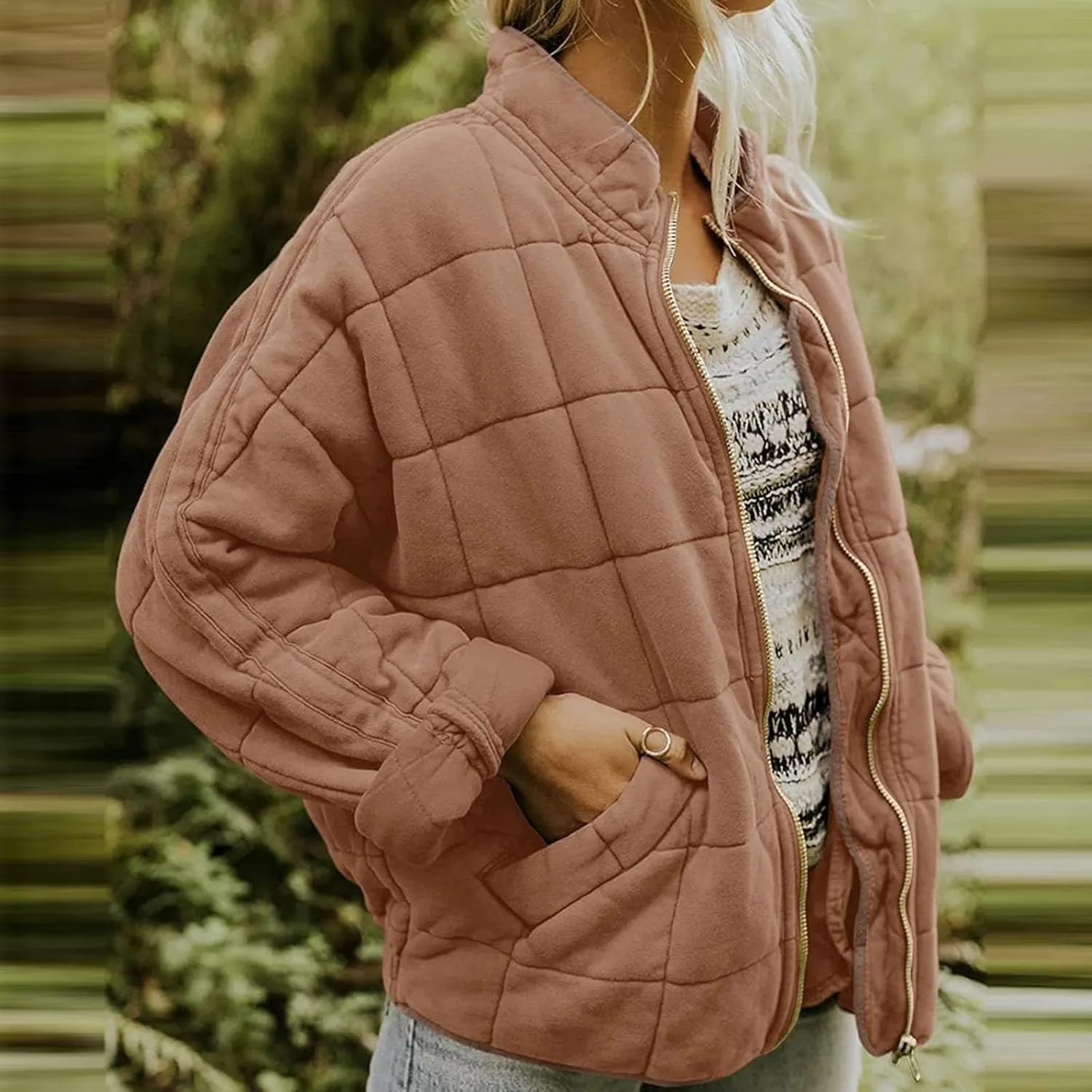 Quilted Jackets for Women Lightweight Dolman Sleeve Down Coats Zipper Padded Bomber Jackets Outwear with Pocket