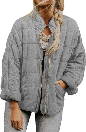 Quilted Jackets for Women Lightweight Dolman Sleeve Down Coats Zipper Padded Bomber Jackets Outwear with Pocket