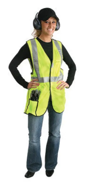 Radnor Medium Yellow Lightweight Polyester Class 2 Break-Away Vest With Front Hook And Loop Closure, 2" 3M Scotchlite Reflective Tape Striping And 2 Pockets