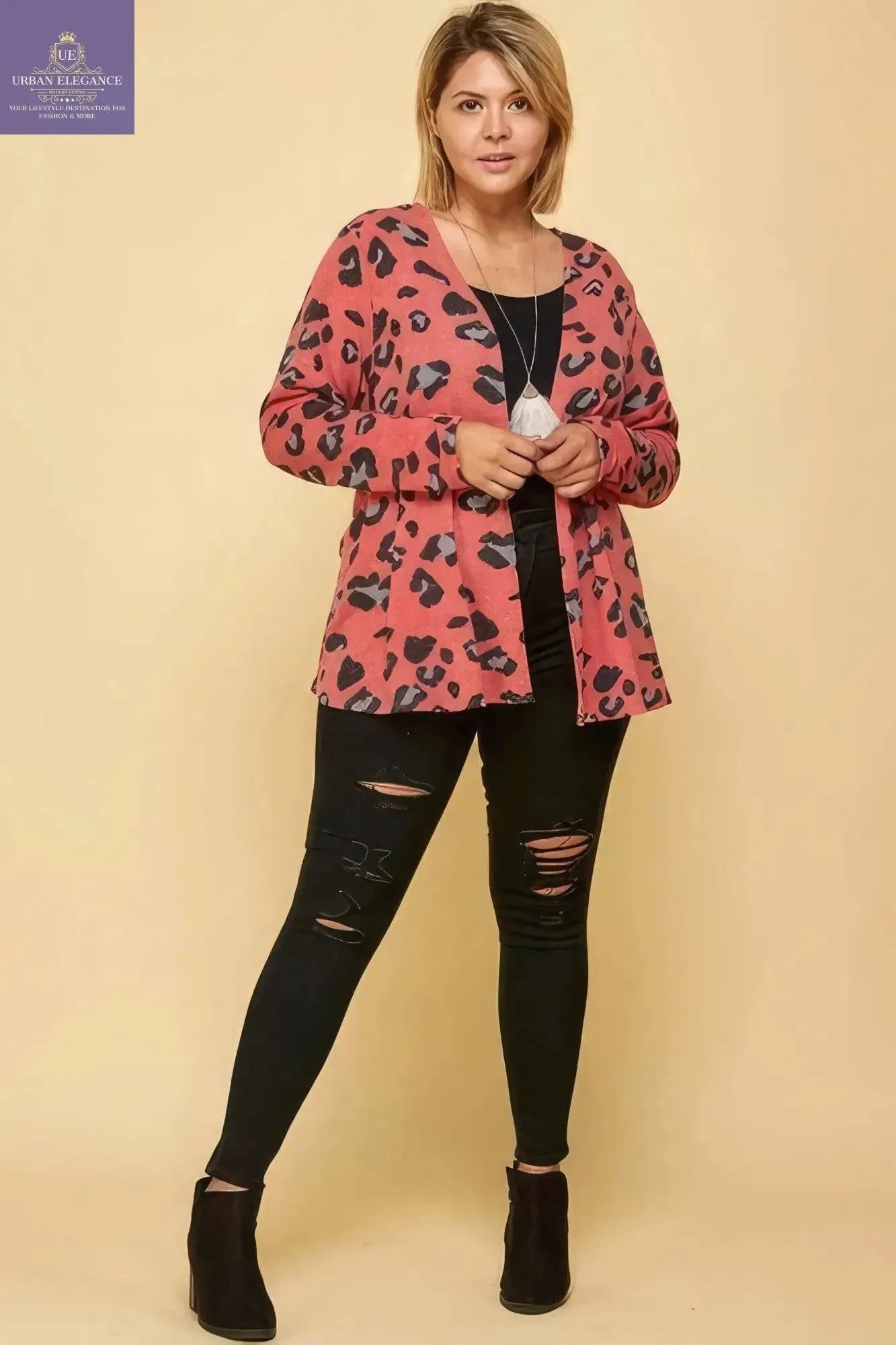 Red Animal Print Plus Size Cardigan