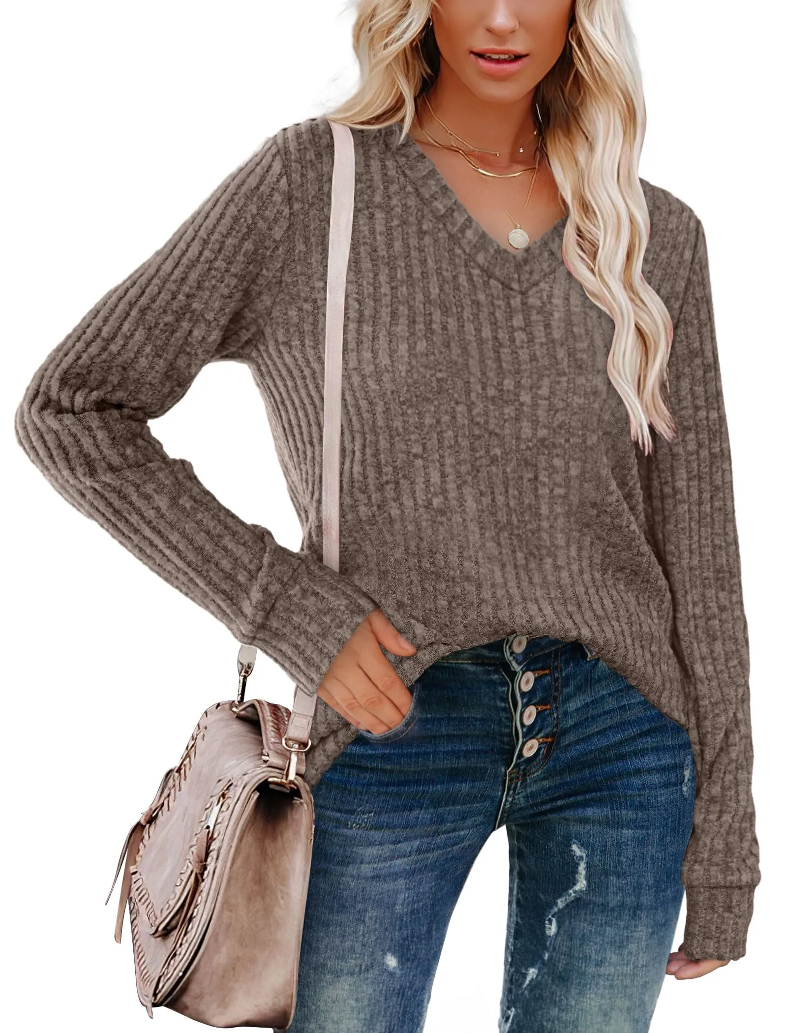 SAMPEEL Fall Outfits for Women 2024 V Neck Long Sleeve Shirts Dressy Casual Tops Winter Sweaters Trendy Coffee L