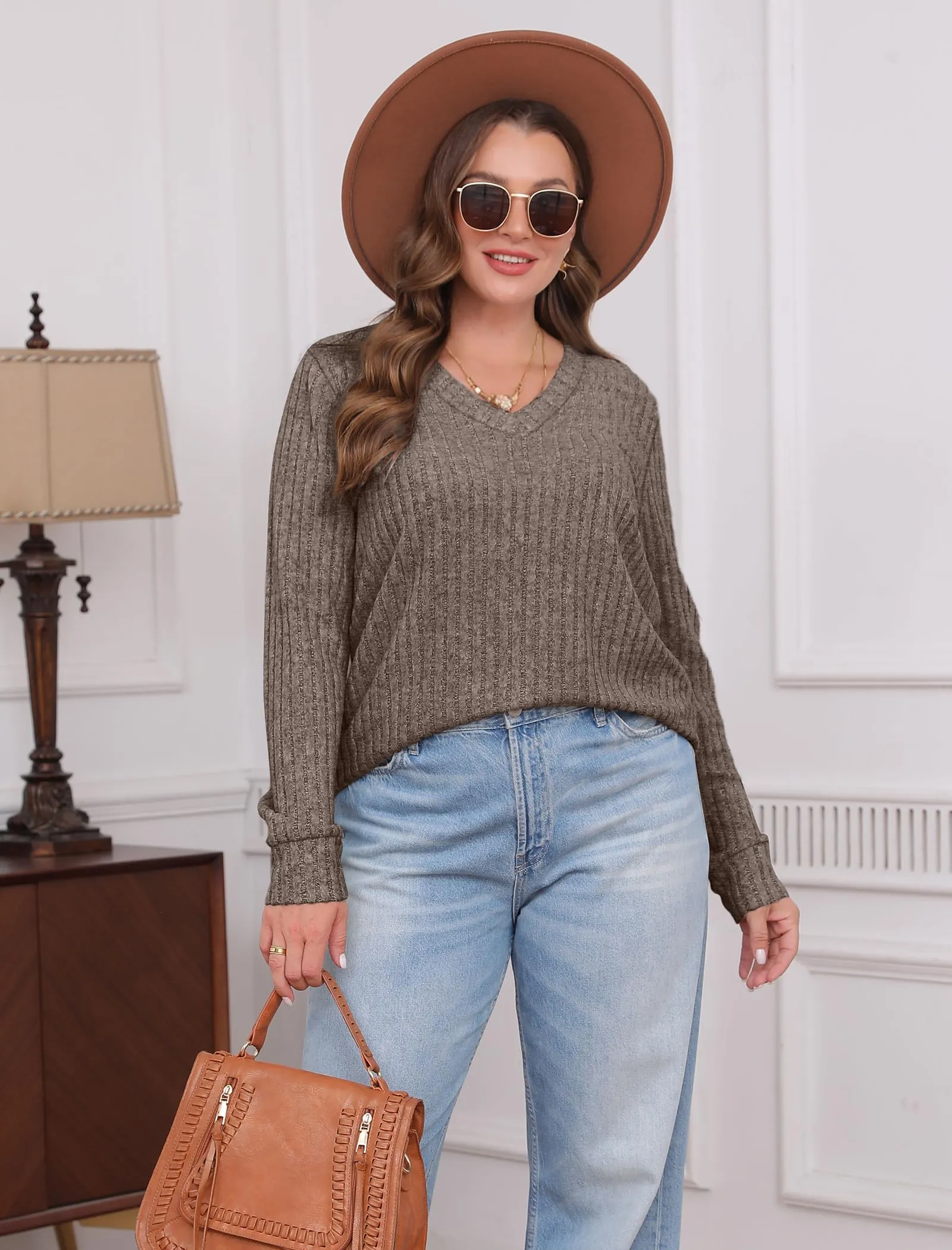 SAMPEEL Fall Outfits for Women 2024 V Neck Long Sleeve Shirts Dressy Casual Tops Winter Sweaters Trendy Coffee L