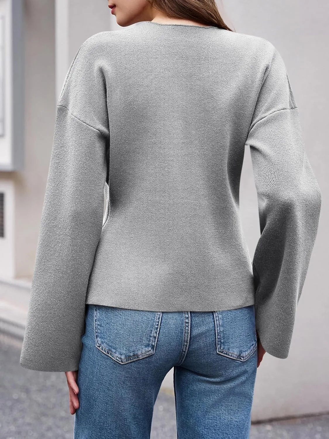 Saodimallsu Womens V Neck Cardigans Long Bell Sleeve Button Down Open Front Loose Knit Fall Sweater Blazer