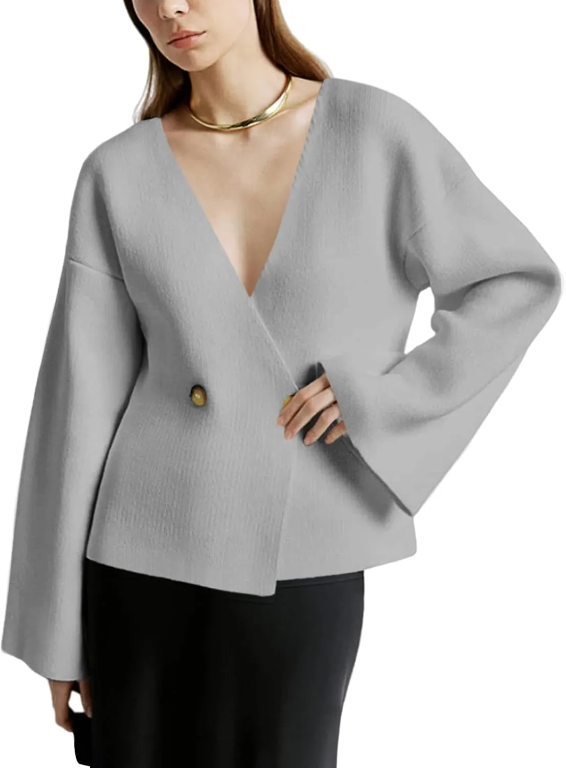 Saodimallsu Womens V Neck Cardigans Long Bell Sleeve Button Down Open Front Loose Knit Fall Sweater Blazer