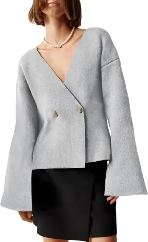 Saodimallsu Womens V Neck Cardigans Long Bell Sleeve Button Down Open Front Loose Knit Fall Sweater Blazer