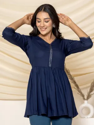 Solid Embroidered Peplum Top - Navy