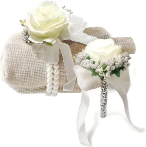 SUNEE - 2 Pcs Wedding Corsage and boutonniere White Roses Pearl Wedding Prom Wristlet Band Bracelet for Women Bride Bridesmaid