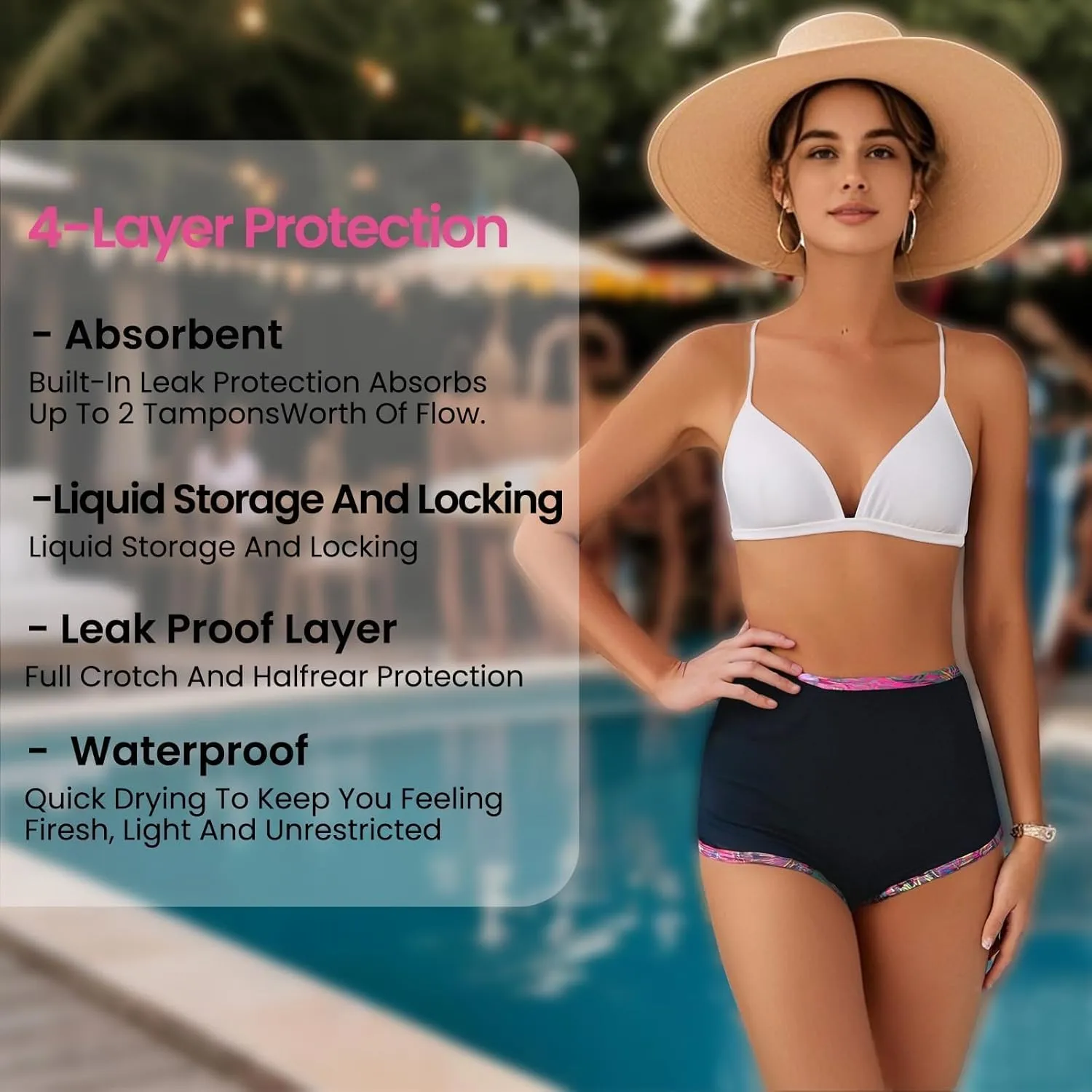 Swimwear Leakproof Bikini Bottoms Women's Black High Waisted Coverage Shorts Quick Dry for Girls Teens