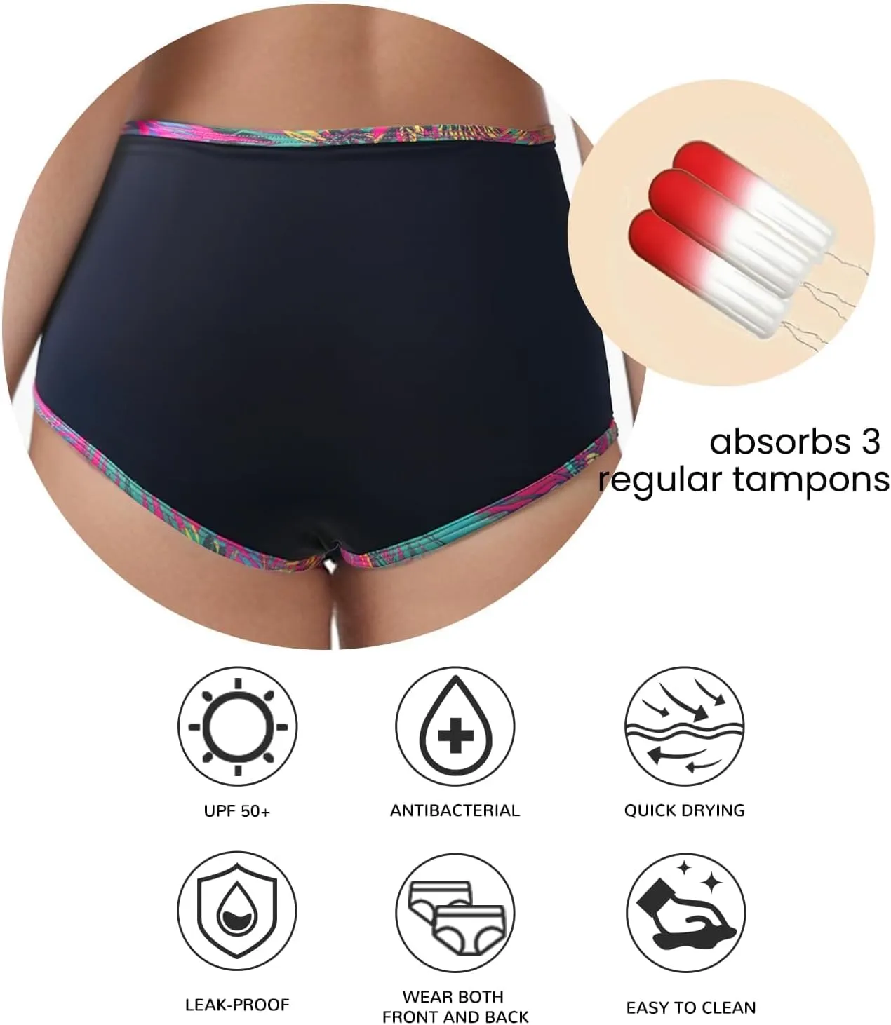 Swimwear Leakproof Bikini Bottoms Women's Black High Waisted Coverage Shorts Quick Dry for Girls Teens
