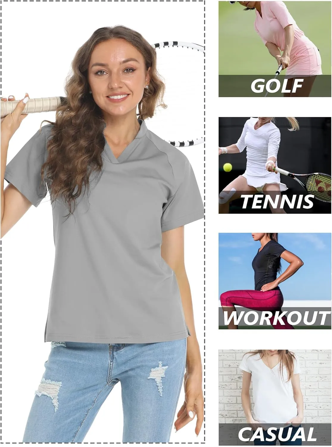 TACVASEN V-Neck Shirts for Women Quick Dry UV Protection Sun Summer Golf Tops
