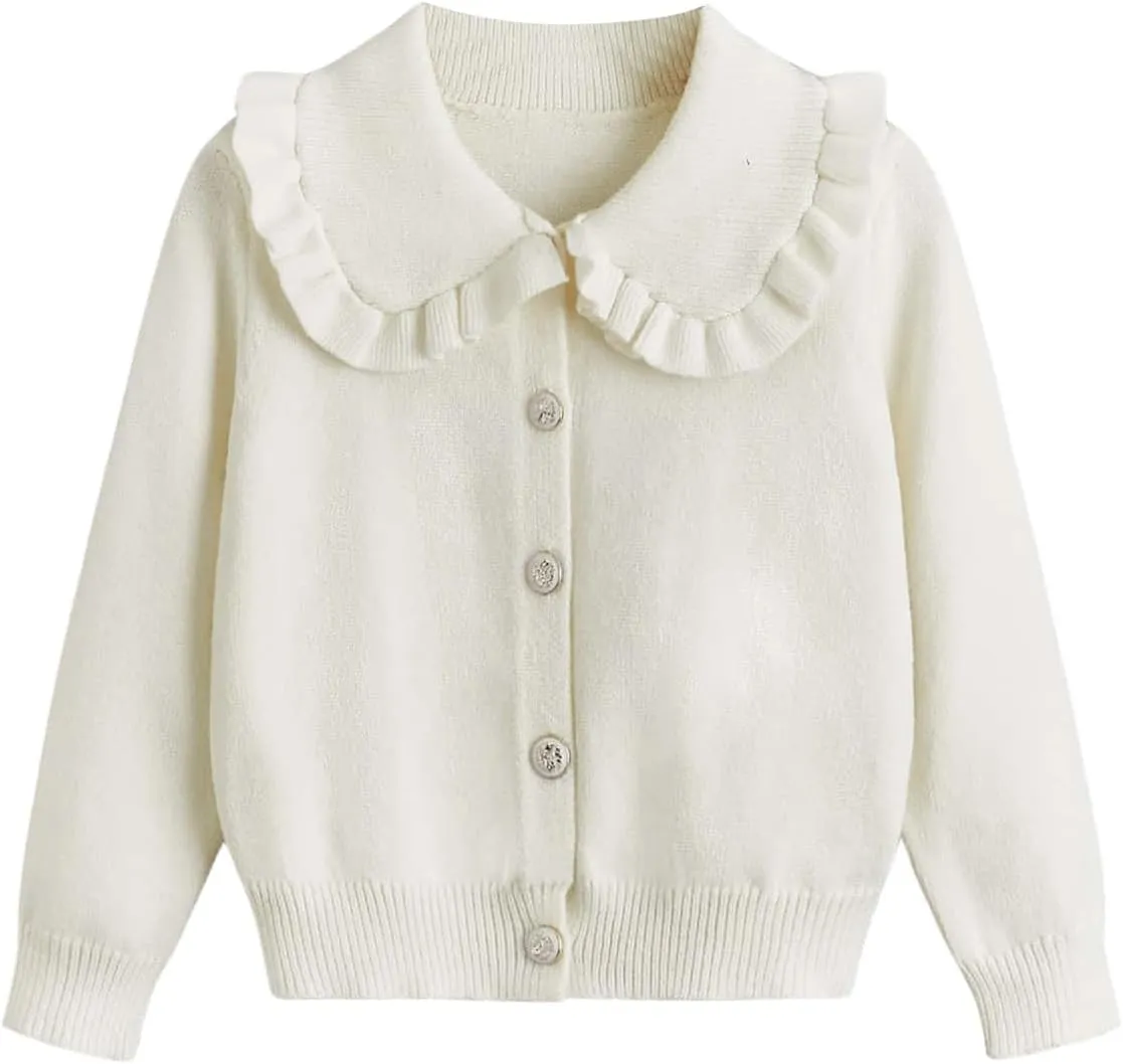 Verdusa Girl's Ruffle Trim Collar Long Sleeve Cardigan Sweater Cute Button Down Cardigans