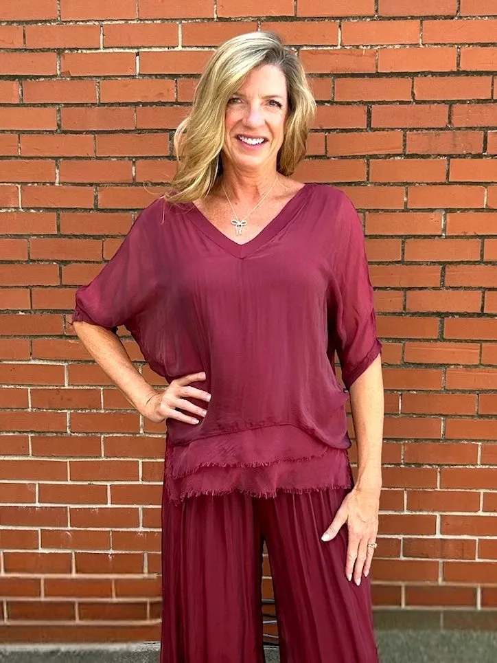 VNeck Silk Tunic with Ruffle Hem