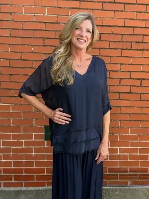 VNeck Silk Tunic with Ruffle Hem