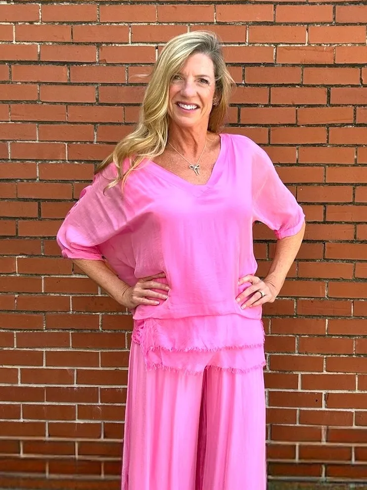 VNeck Silk Tunic with Ruffle Hem