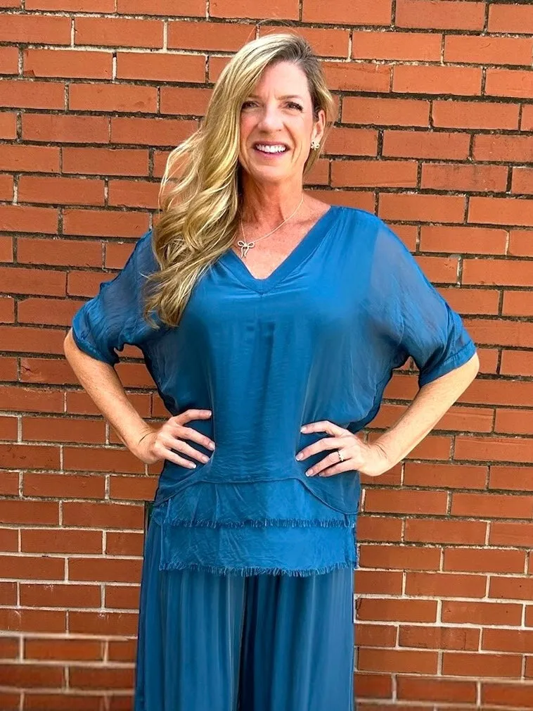 VNeck Silk Tunic with Ruffle Hem