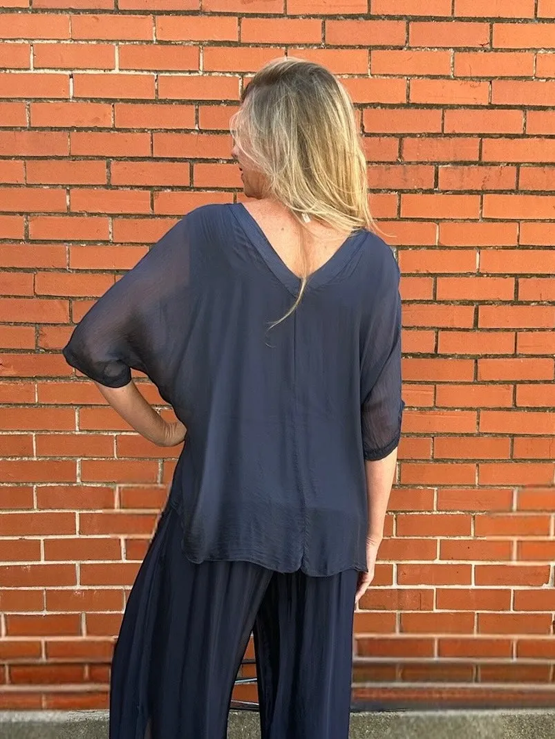VNeck Silk Tunic with Ruffle Hem