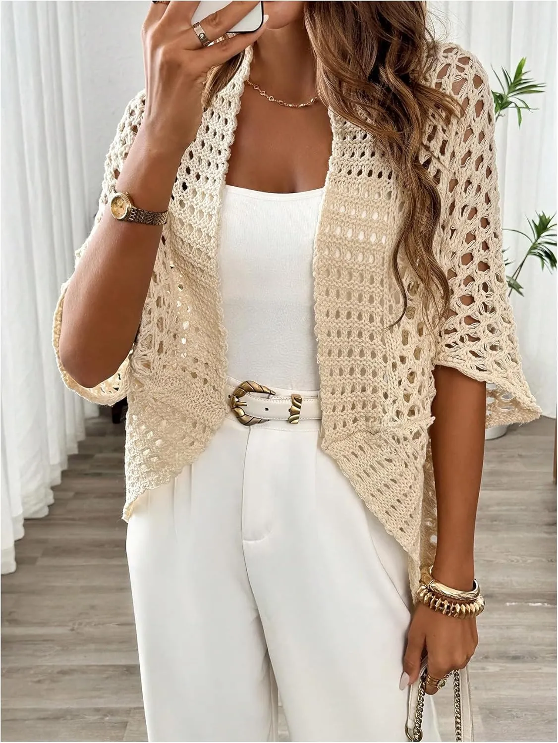 WDIRARA Women's Hollow Out Open Front Cardigan Sweater Lightweight Cardigans 3/4 Sleeve Tunic Crochet Knit Top
