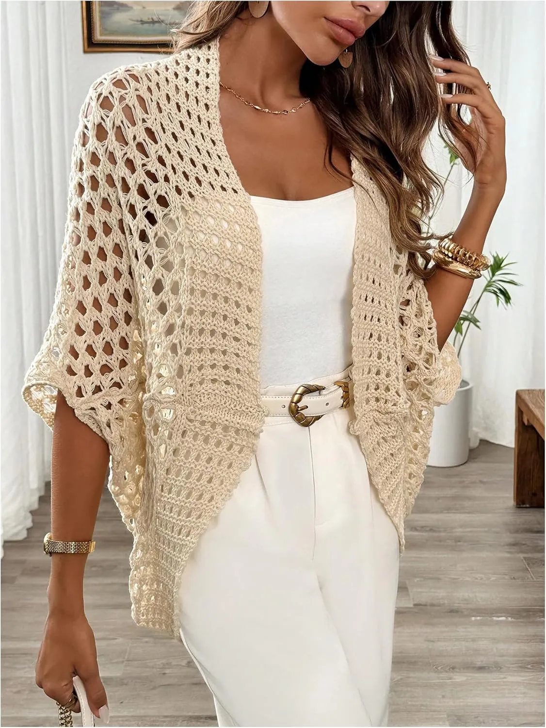 WDIRARA Women's Hollow Out Open Front Cardigan Sweater Lightweight Cardigans 3/4 Sleeve Tunic Crochet Knit Top