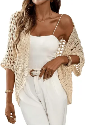 WDIRARA Women's Hollow Out Open Front Cardigan Sweater Lightweight Cardigans 3/4 Sleeve Tunic Crochet Knit Top