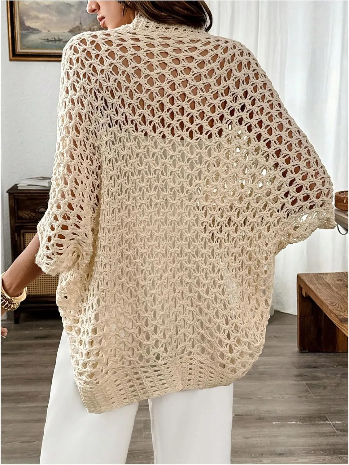 WDIRARA Women's Hollow Out Open Front Cardigan Sweater Lightweight Cardigans 3/4 Sleeve Tunic Crochet Knit Top