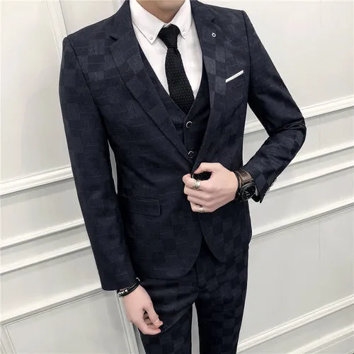 West Louis Tailor Business Elegant Plaid 3 Piece Slim Suit