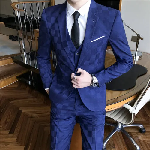 West Louis Tailor Business Elegant Plaid 3 Piece Slim Suit