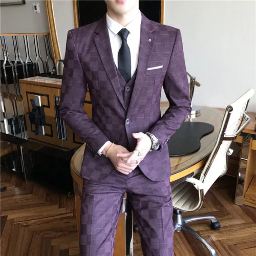 West Louis Tailor Business Elegant Plaid 3 Piece Slim Suit