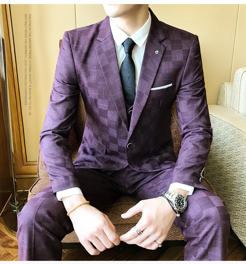 West Louis Tailor Business Elegant Plaid 3 Piece Slim Suit