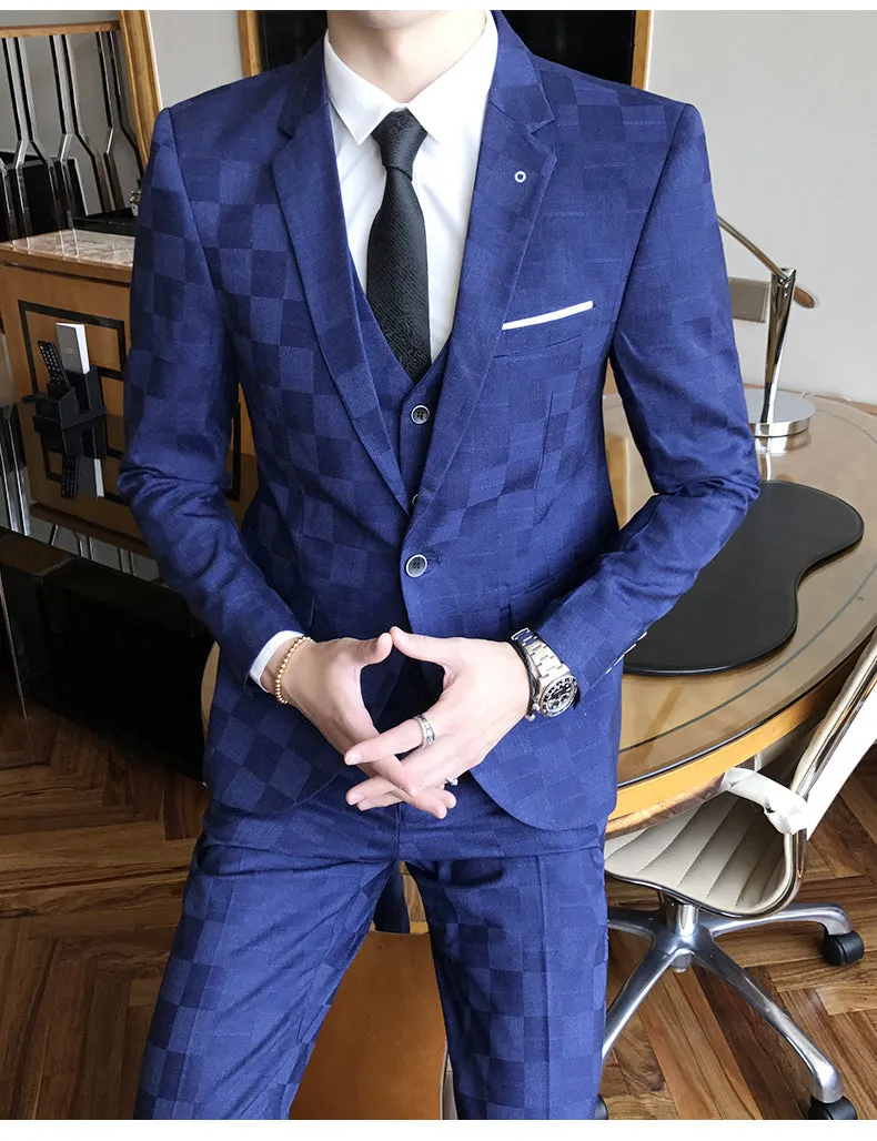 West Louis Tailor Business Elegant Plaid 3 Piece Slim Suit