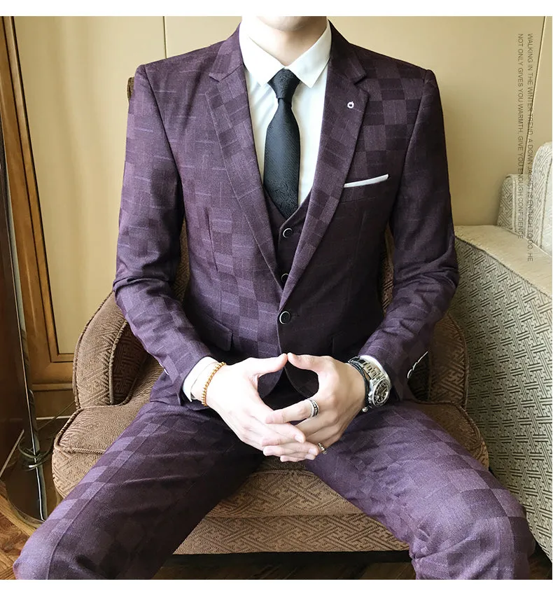 West Louis Tailor Business Elegant Plaid 3 Piece Slim Suit