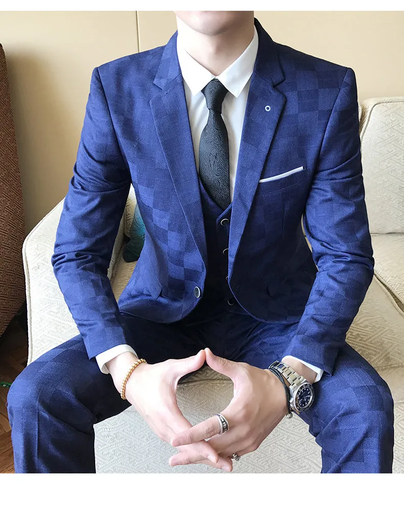 West Louis Tailor Business Elegant Plaid 3 Piece Slim Suit