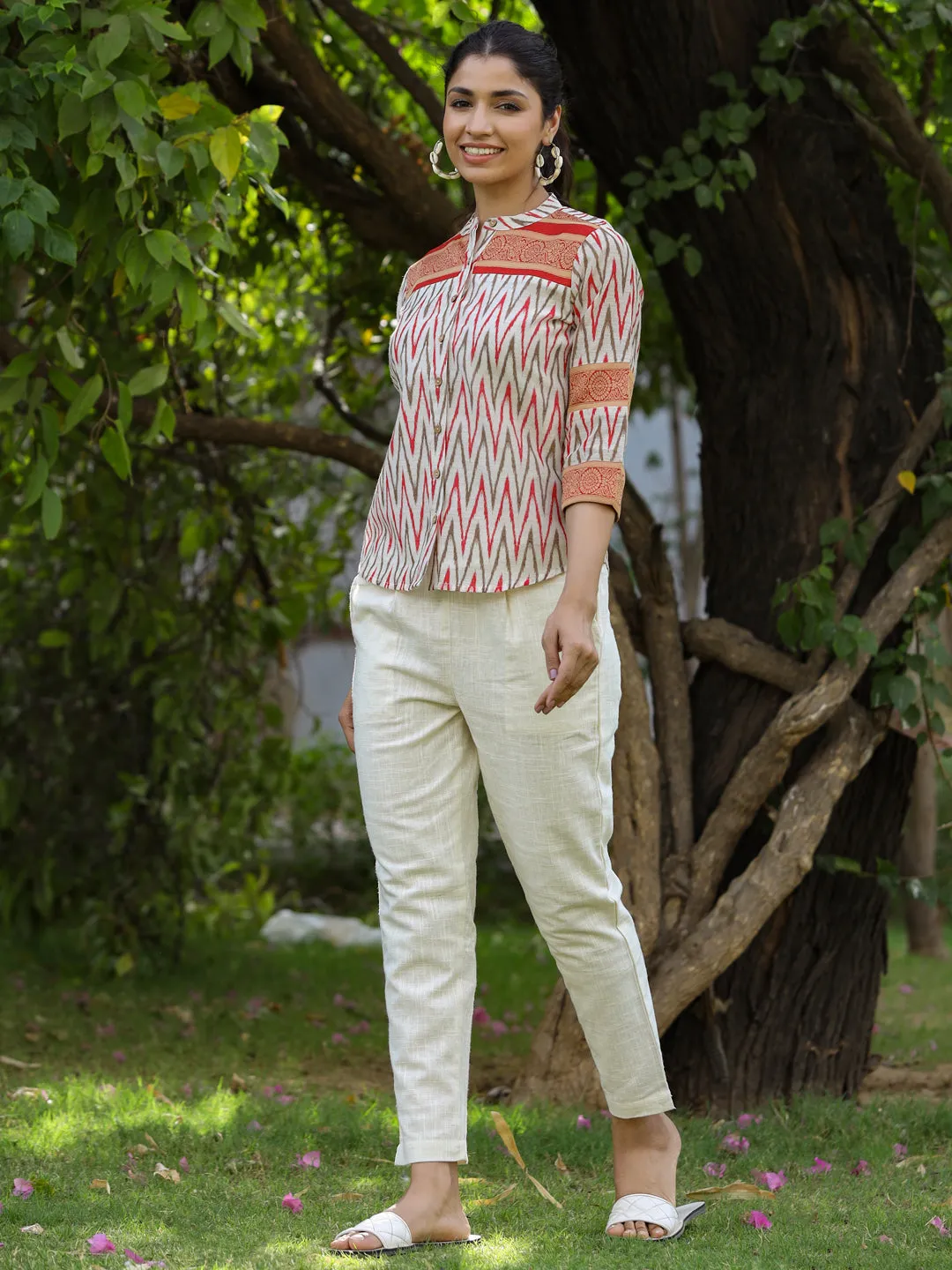 White Ikat Printed Chanderi Jacquard Shirt