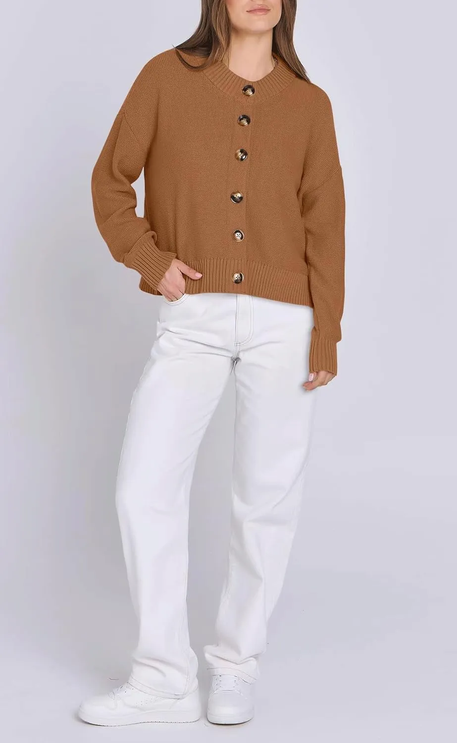 Women Knit Cardigans Sweater Open Front Button Down Long Sleeve Cropped Jacket