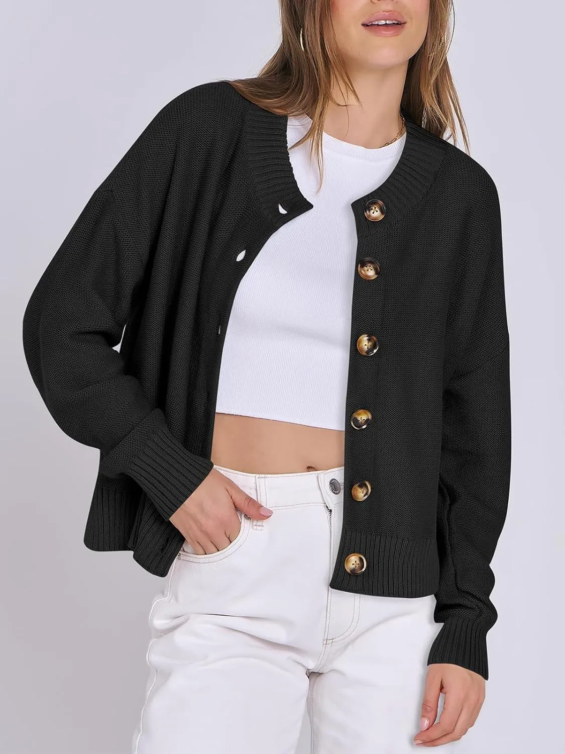 Women Knit Cardigans Sweater Open Front Button Down Long Sleeve Cropped Jacket