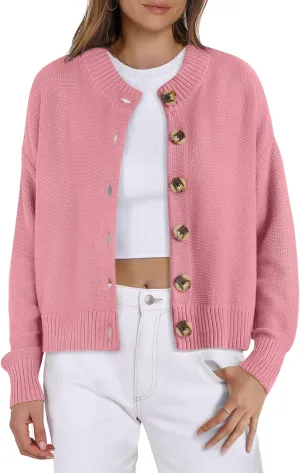 Women Knit Cardigans Sweater Open Front Button Down Long Sleeve Cropped Jacket