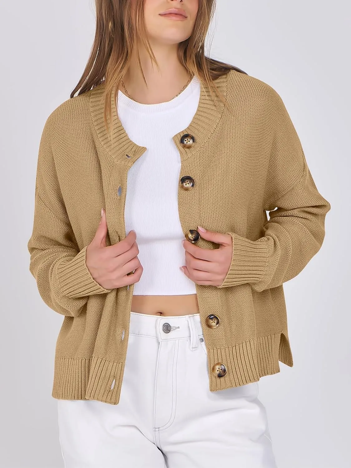 Women Knit Cardigans Sweater Open Front Button Down Long Sleeve Cropped Jacket