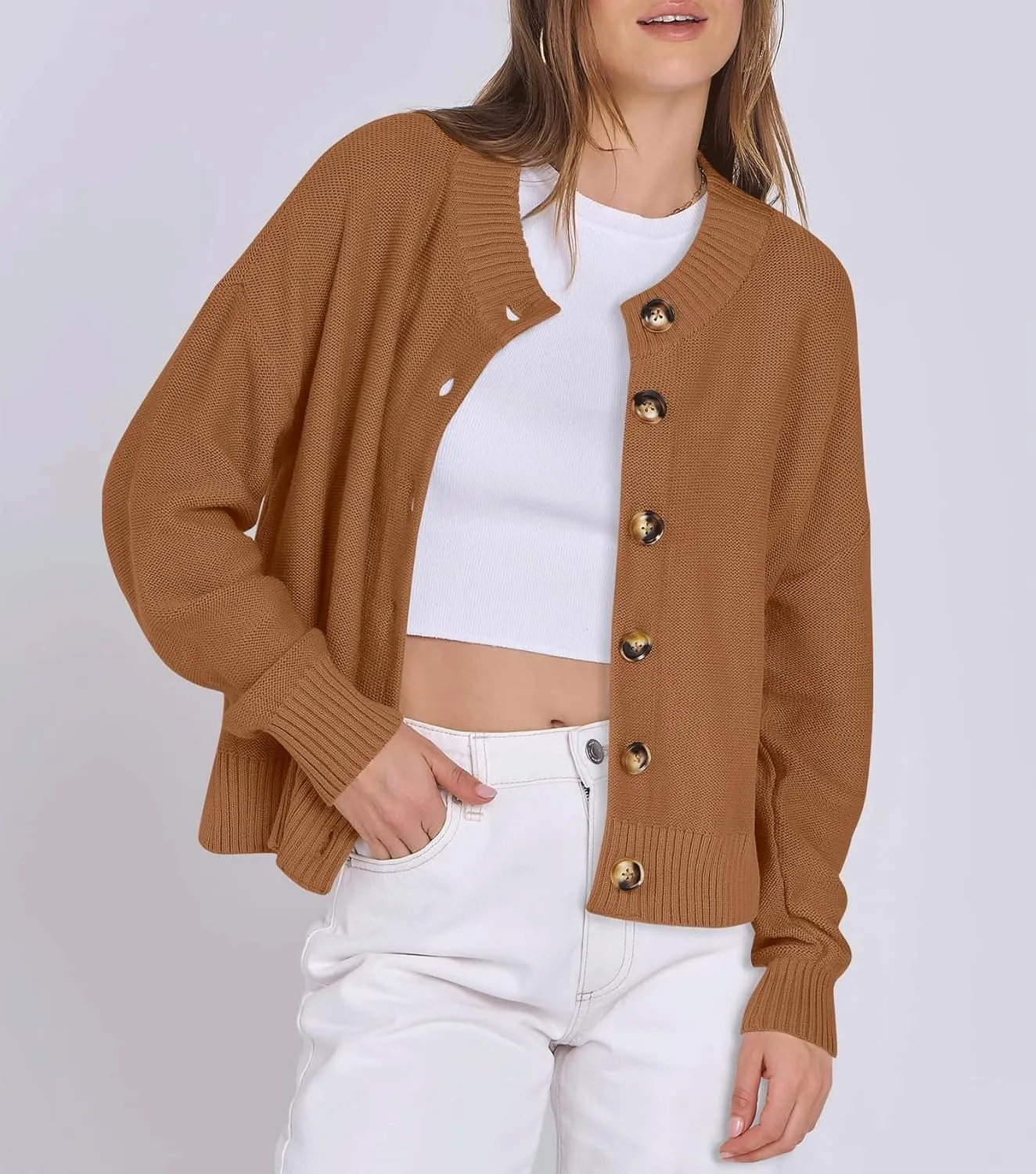 Women Knit Cardigans Sweater Open Front Button Down Long Sleeve Cropped Jacket