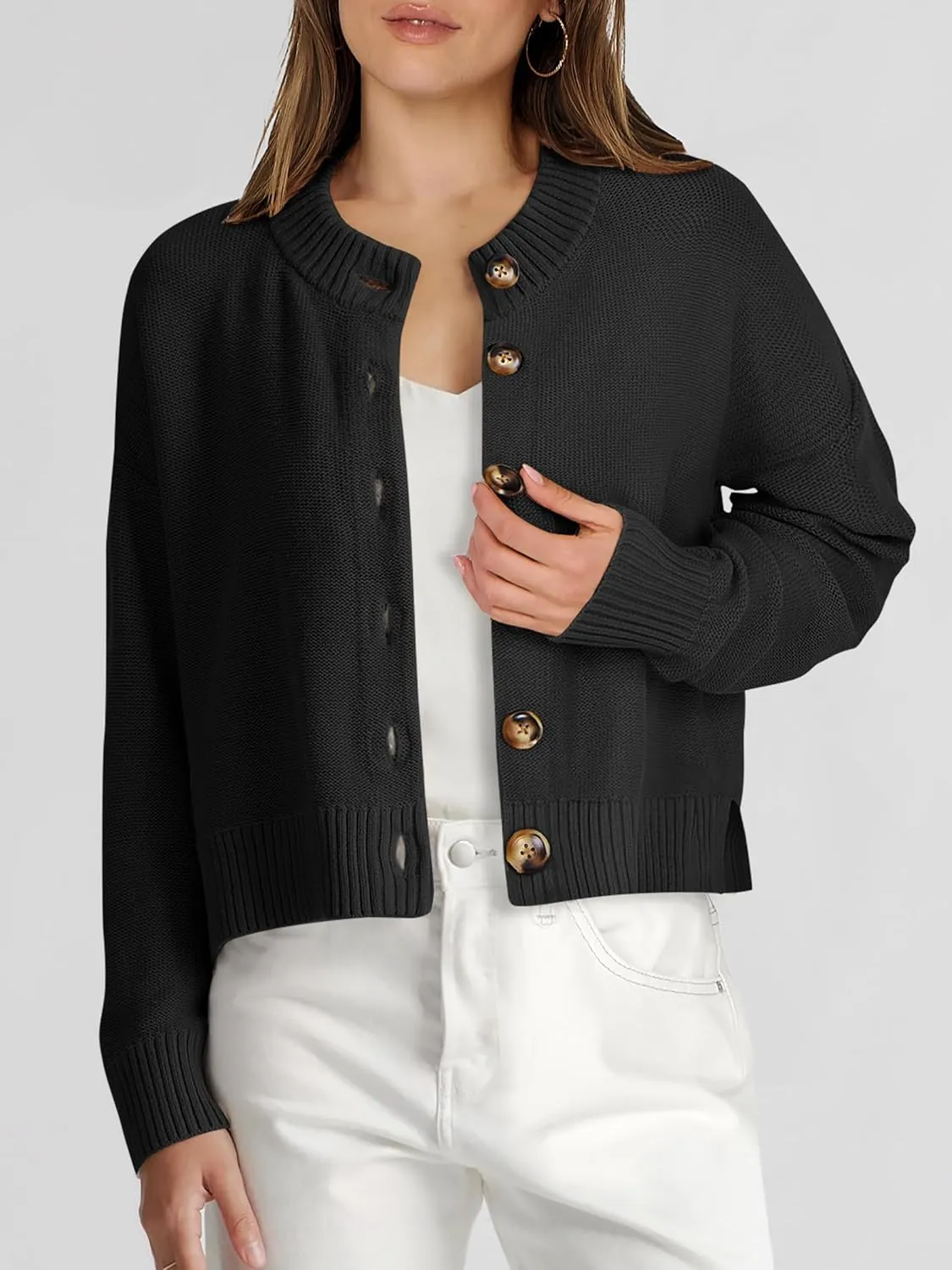 Women Knit Cardigans Sweater Open Front Button Down Long Sleeve Cropped Jacket