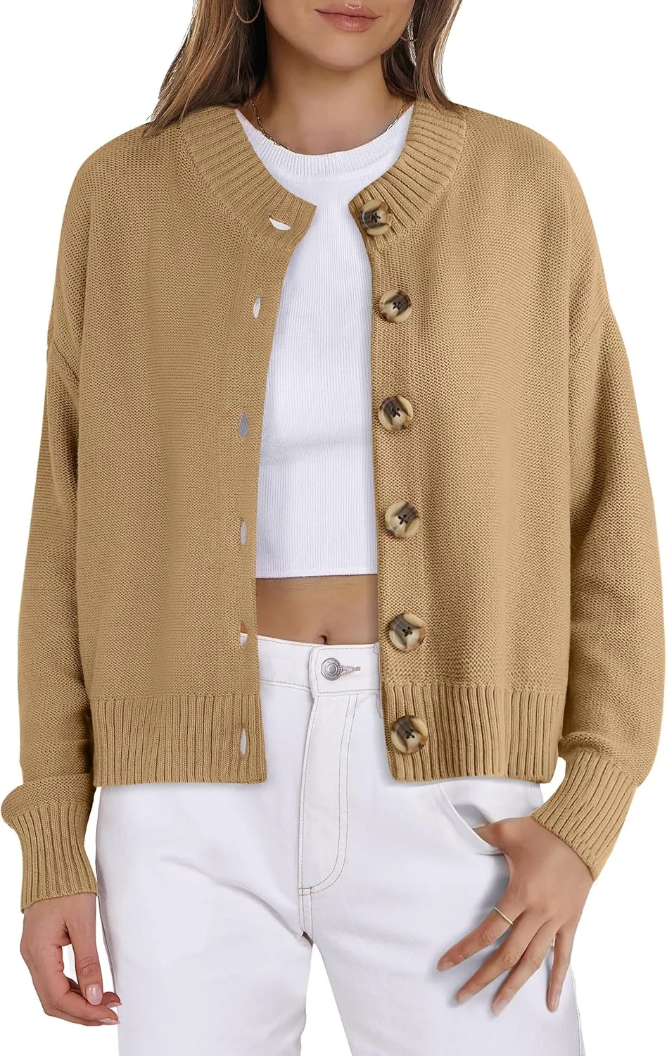 Women Knit Cardigans Sweater Open Front Button Down Long Sleeve Cropped Jacket