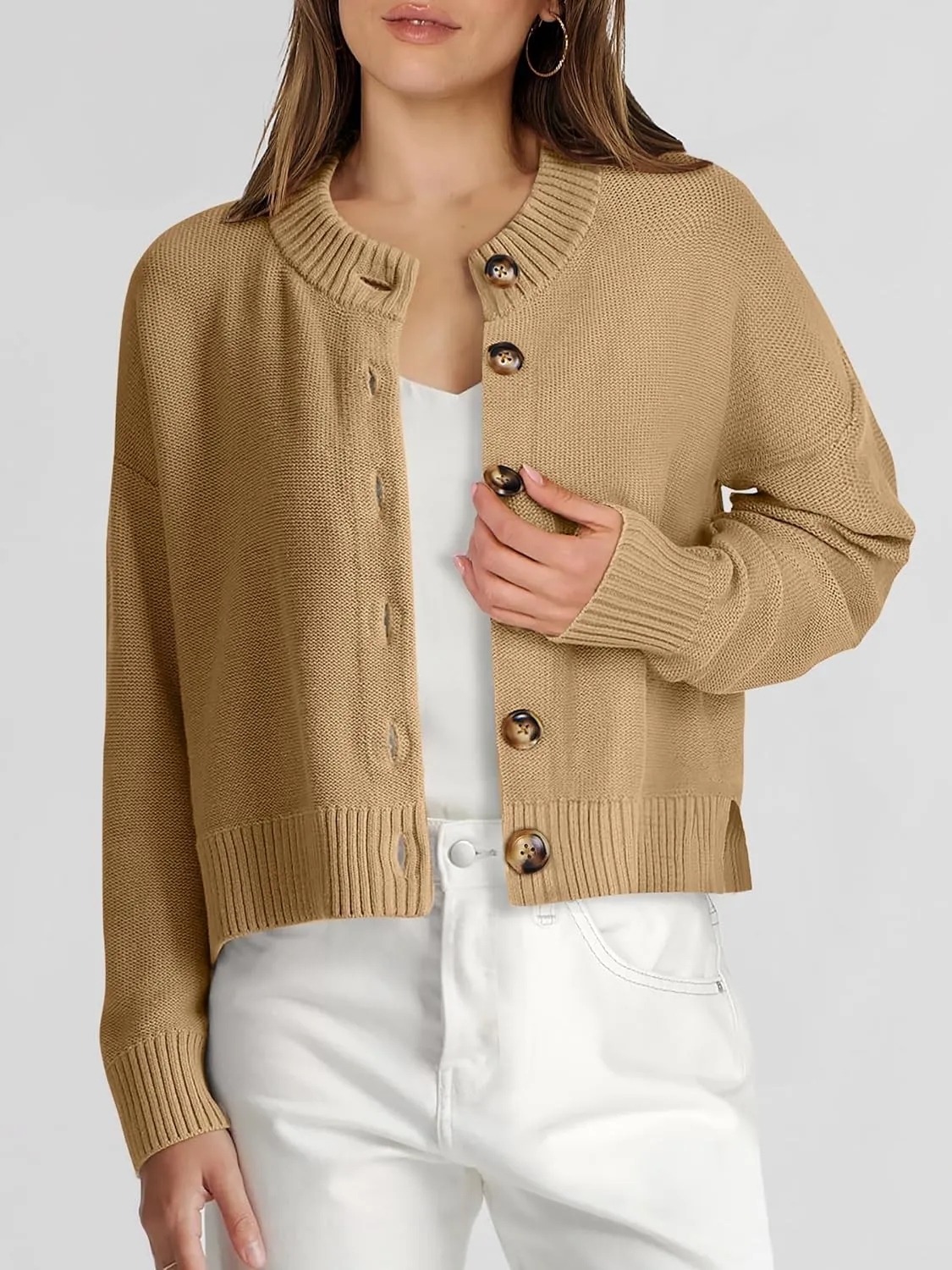 Women Knit Cardigans Sweater Open Front Button Down Long Sleeve Cropped Jacket