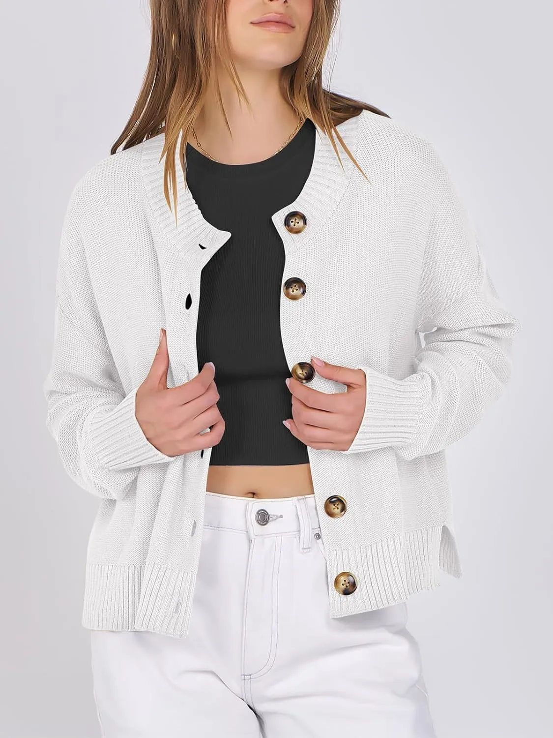 Women Knit Cardigans Sweater Open Front Button Down Long Sleeve Cropped Jacket