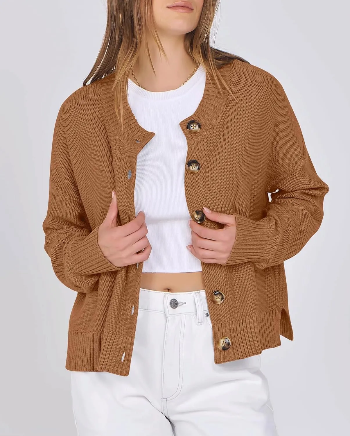 Women Knit Cardigans Sweater Open Front Button Down Long Sleeve Cropped Jacket