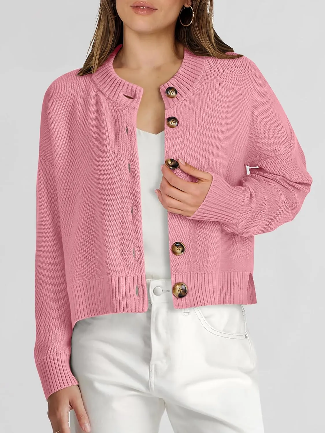 Women Knit Cardigans Sweater Open Front Button Down Long Sleeve Cropped Jacket