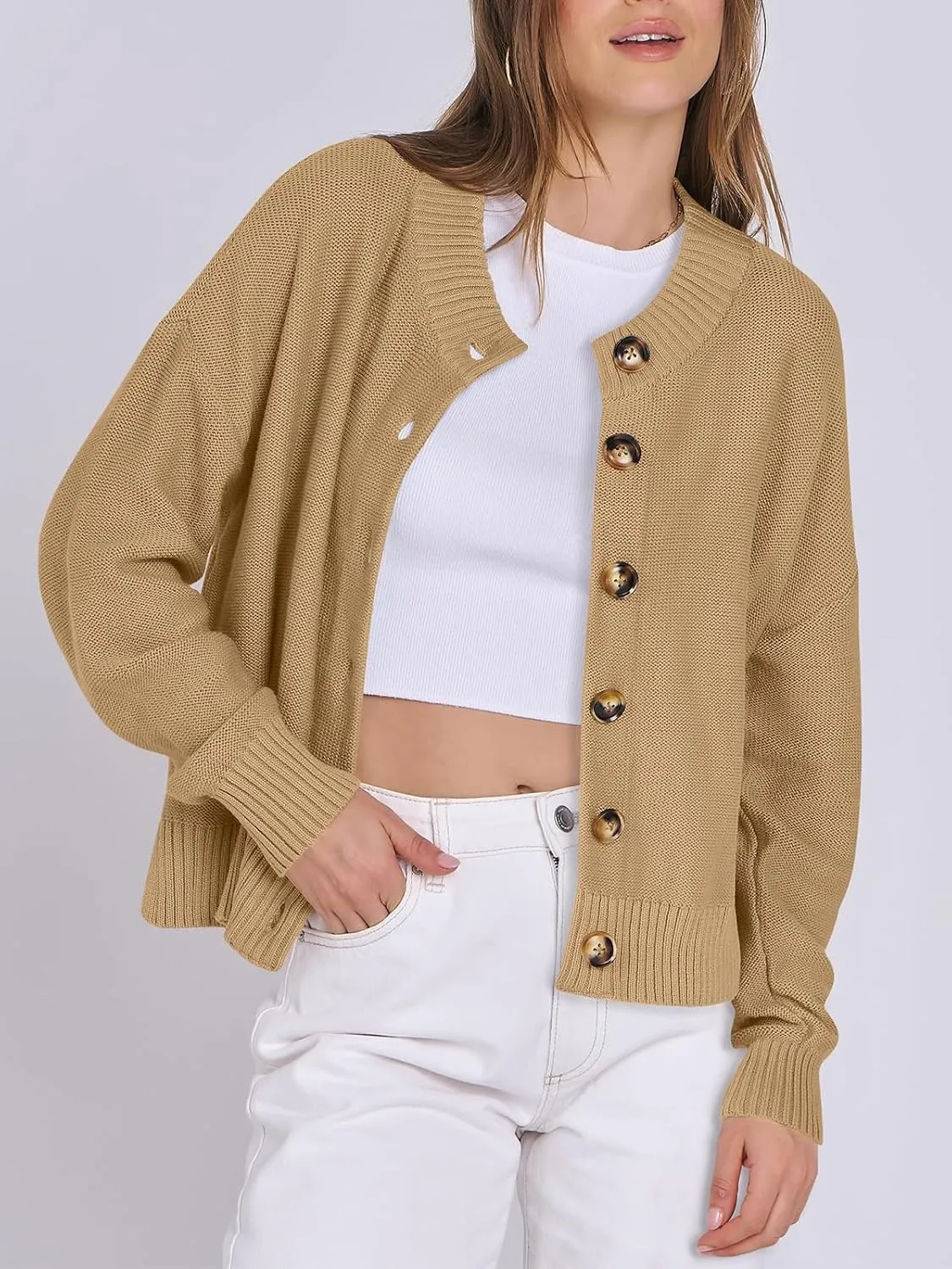 Women Knit Cardigans Sweater Open Front Button Down Long Sleeve Cropped Jacket
