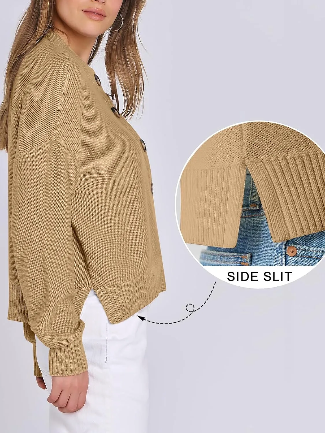Women Knit Cardigans Sweater Open Front Button Down Long Sleeve Cropped Jacket