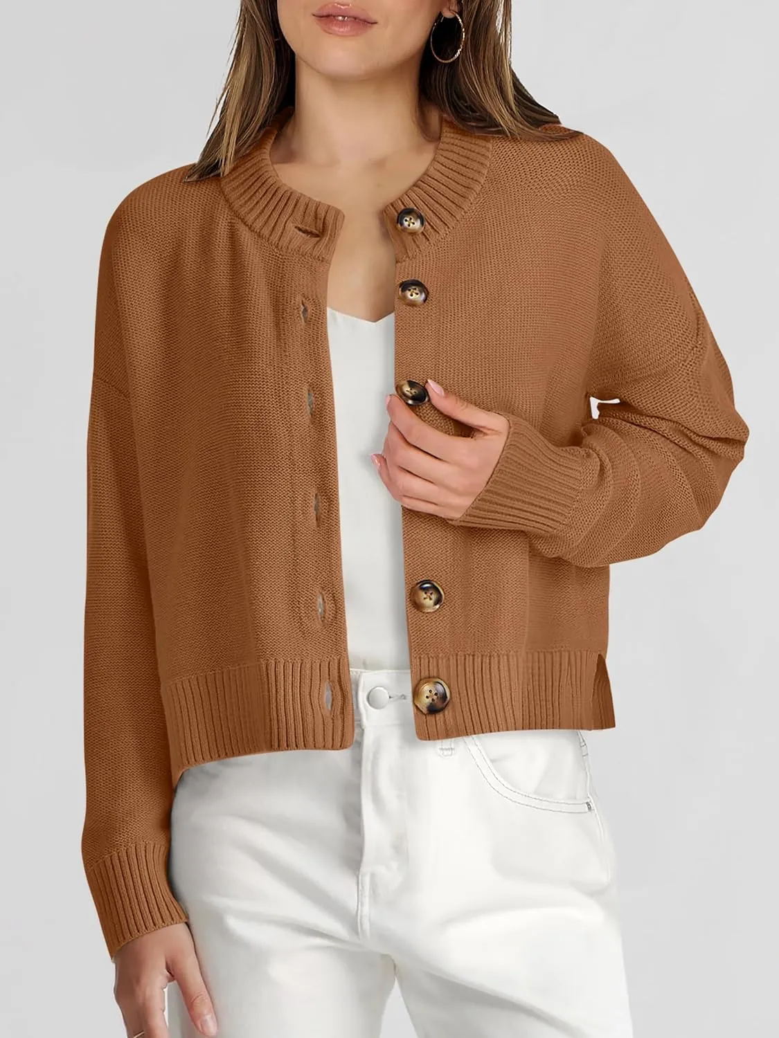 Women Knit Cardigans Sweater Open Front Button Down Long Sleeve Cropped Jacket